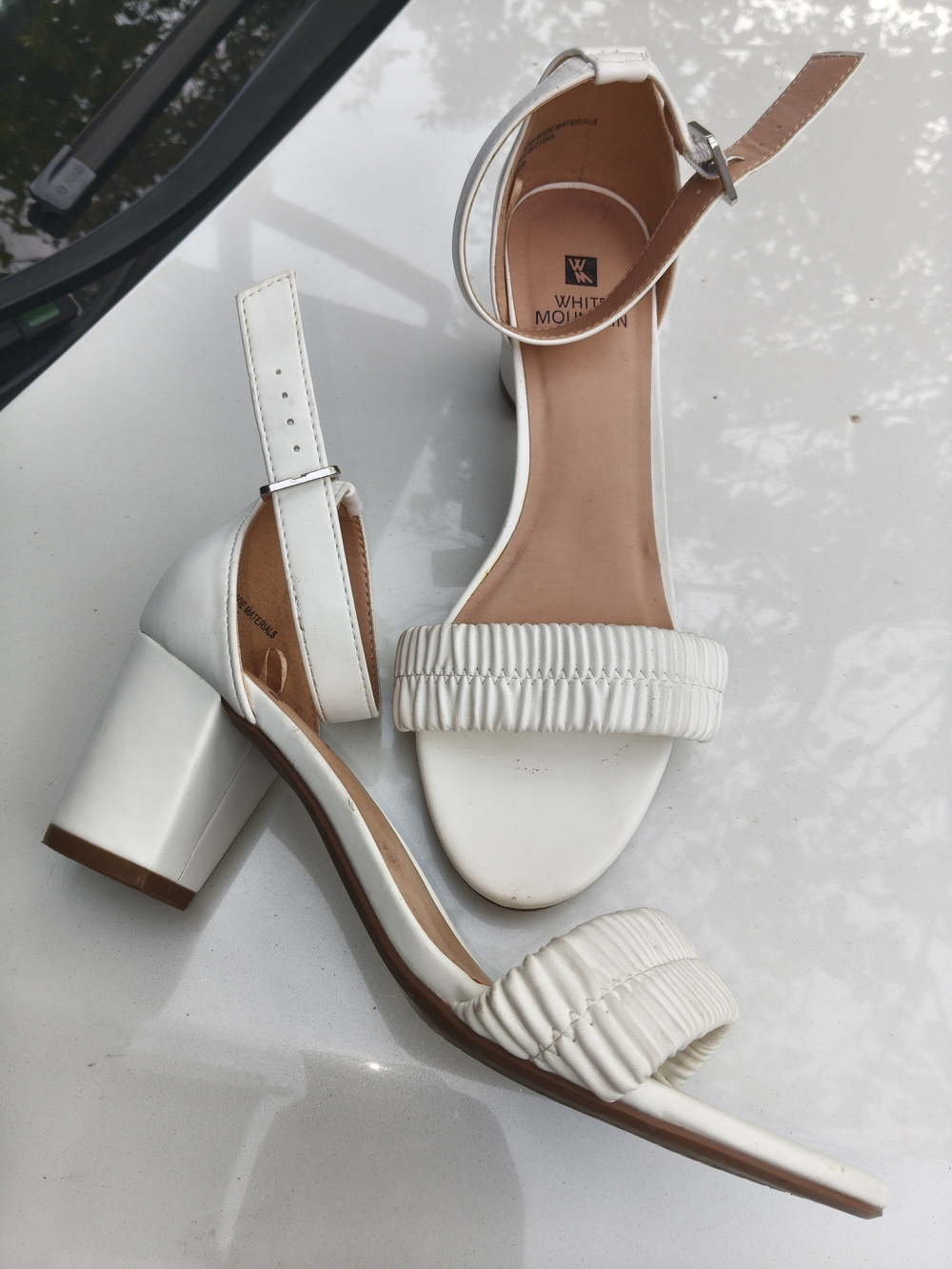 White Mountain White Ruched Front Ankle Strap Block Heels